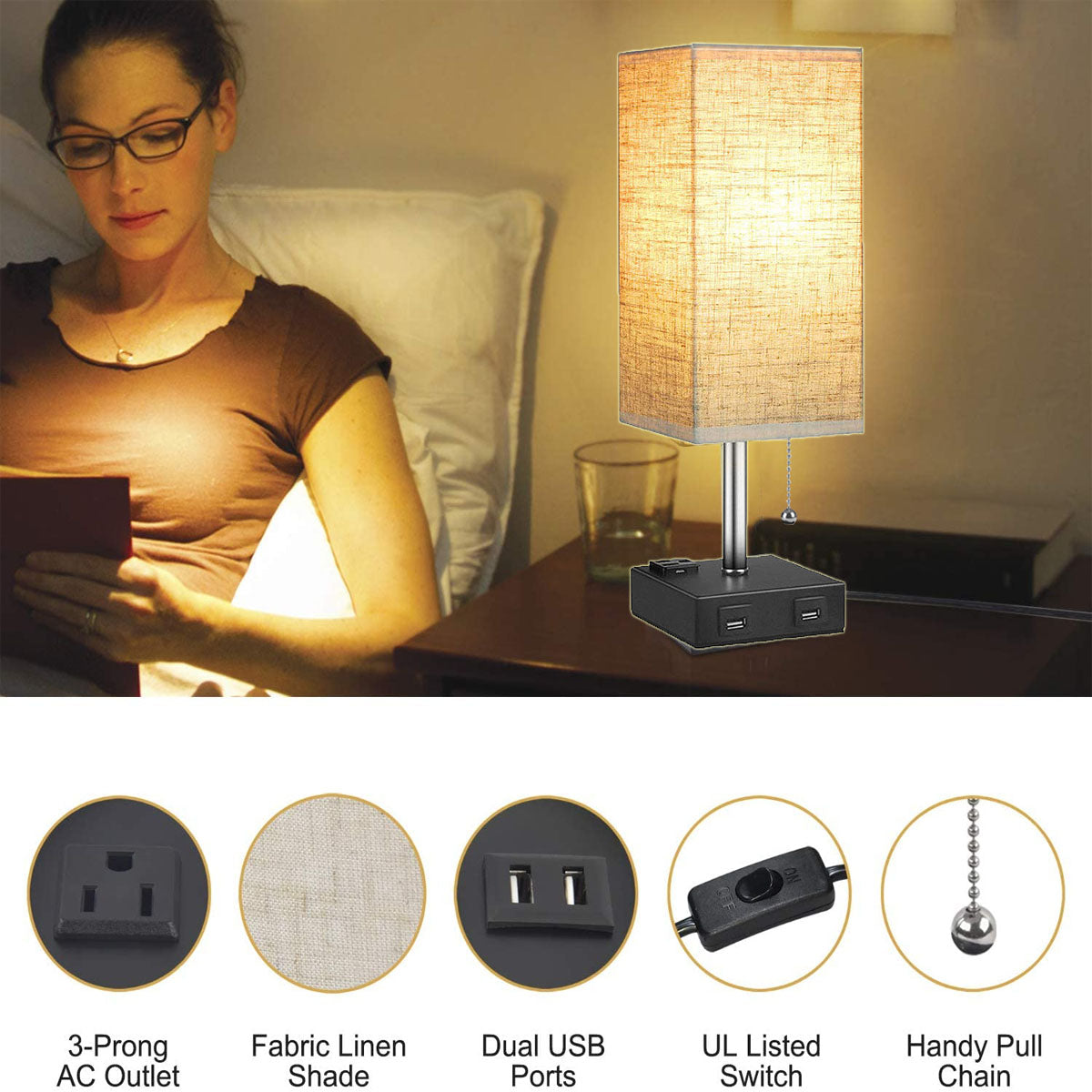 USB Multifunctional Fabric Bedside Lamp